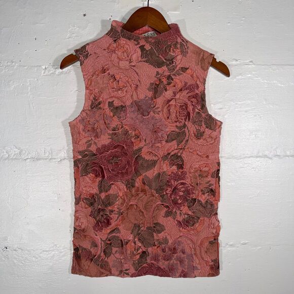 Vintage Crinkle Floral Sleeveless Mock Neck Top Pink Burgundy Stretch Ness S - Picture 2 of 10
